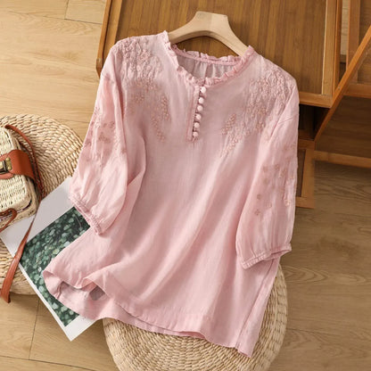 Embroidered Button-Front Blouse with Floral Detail 2