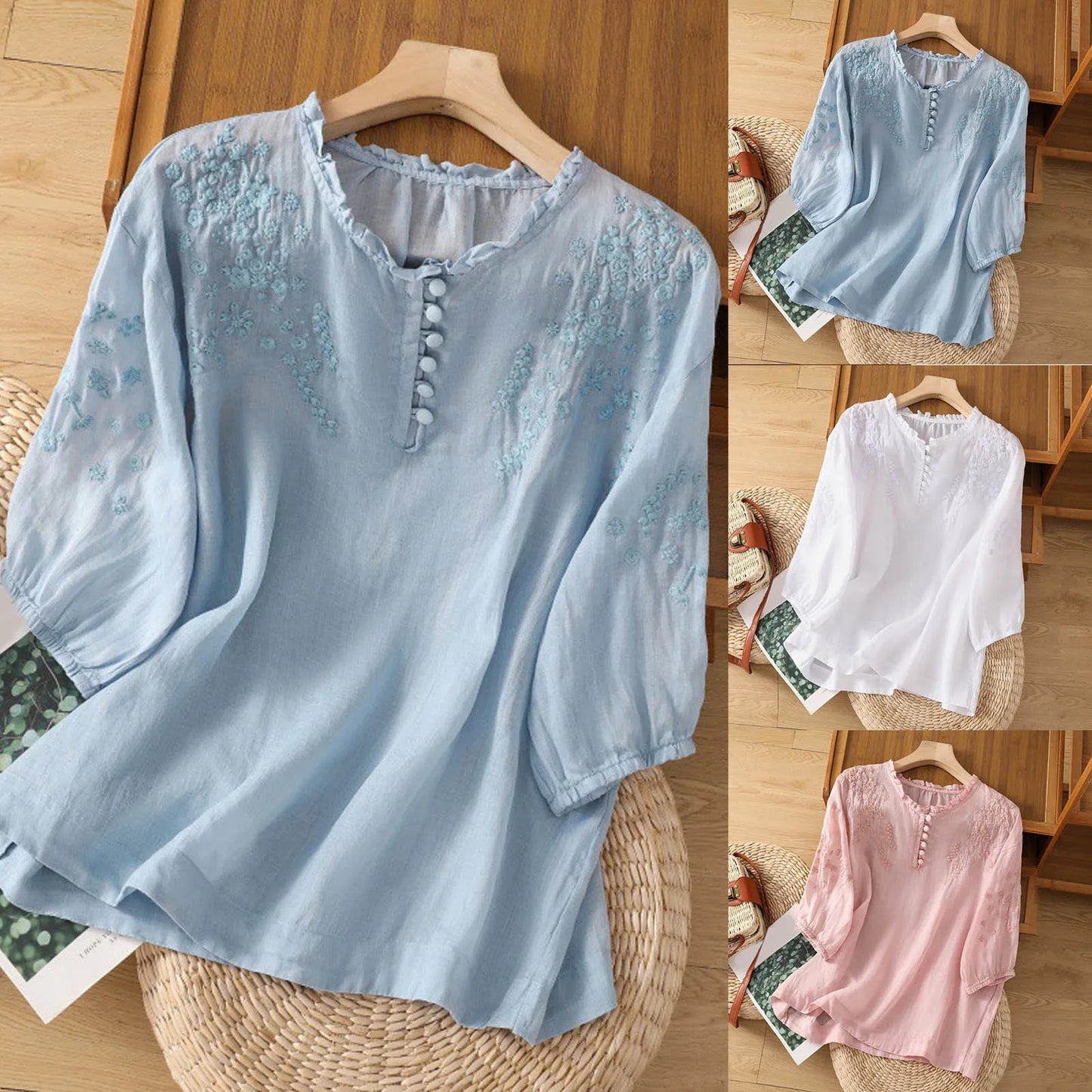Embroidered Button-Front Blouse with Floral Detail 5