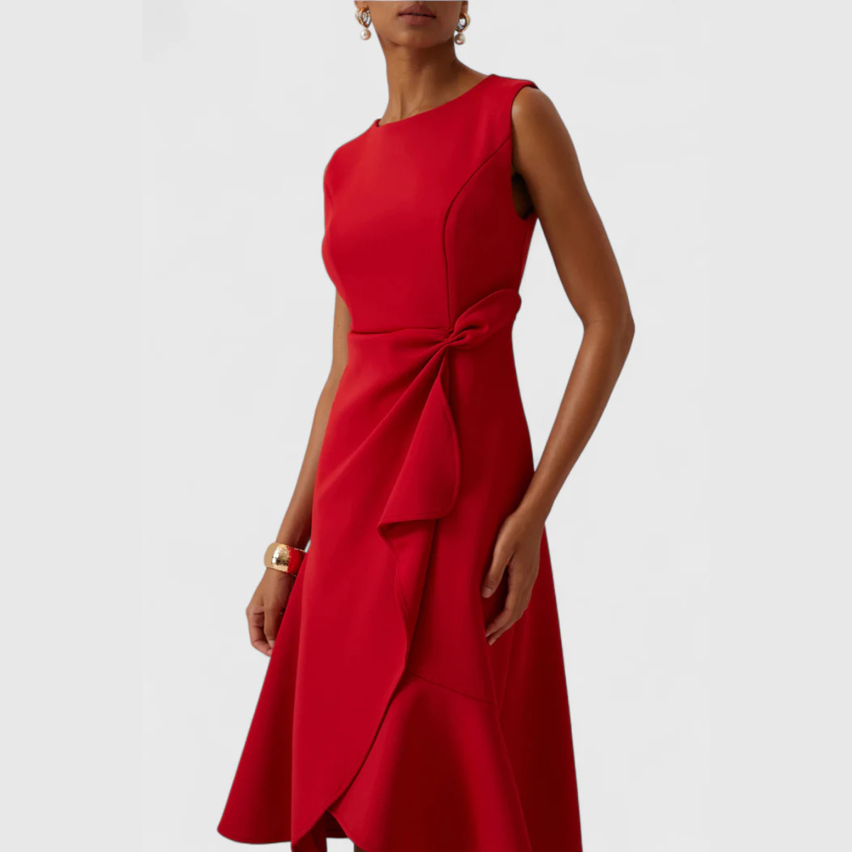 Ruffle Hem Wrap Detail Midi Dress — Sleeveless Flared Skirt 14