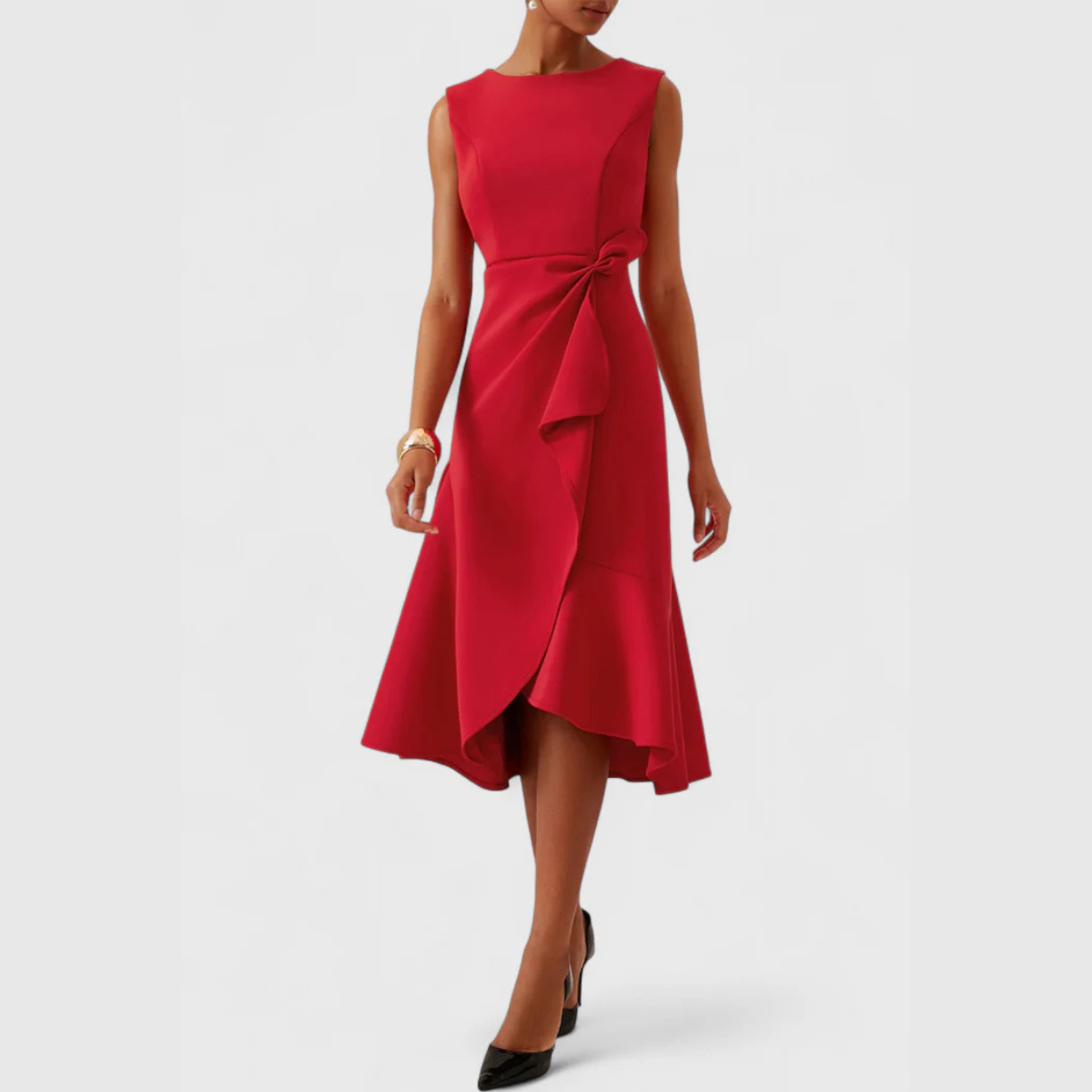 Sheila™ Draped Asymmetric Midi Dress — Sleeveless Elegant Fit 15