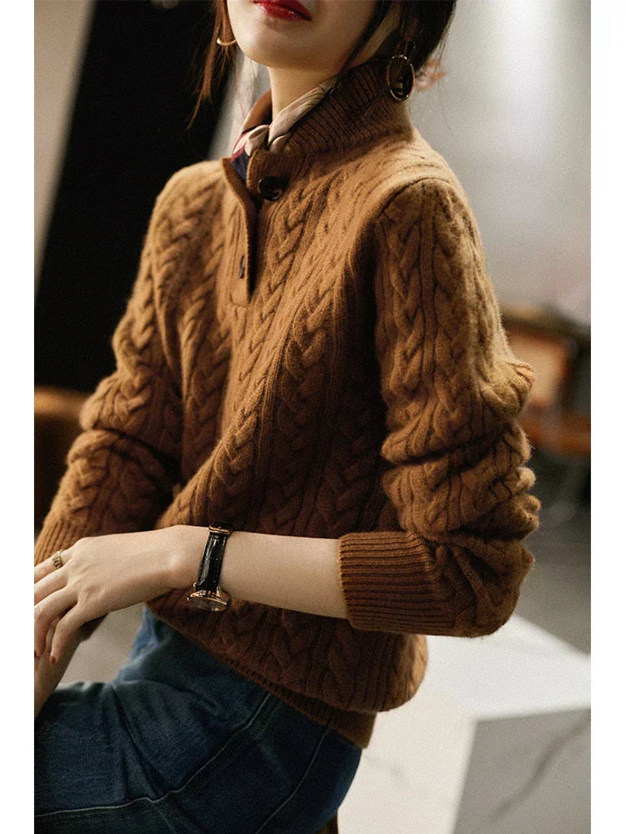 Women's Cable-Knit Cashmere Sweater — Button-Up Stand Collar 5