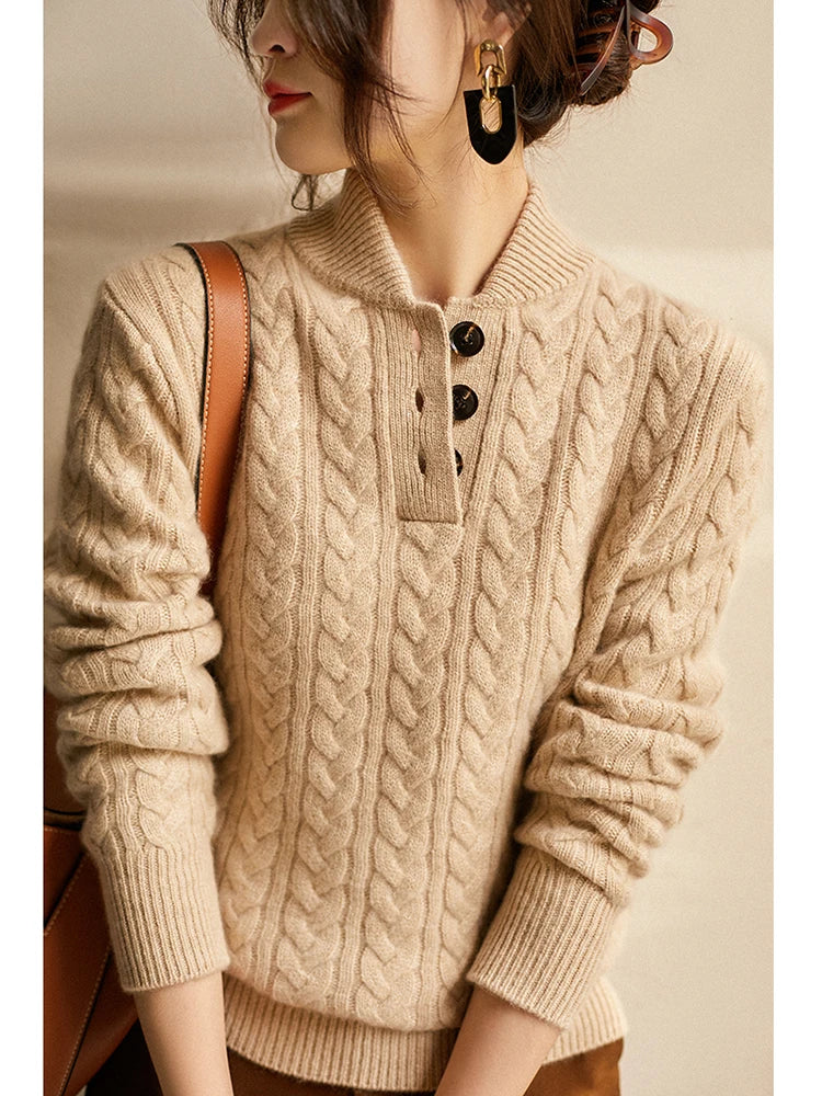 Women's Cable-Knit Cashmere Sweater — Button-Up Stand Collar 11