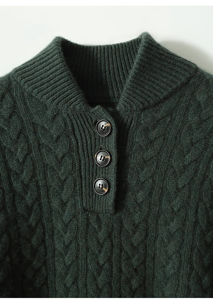 Women's Cable-Knit Cashmere Sweater — Button-Up Stand Collar 19