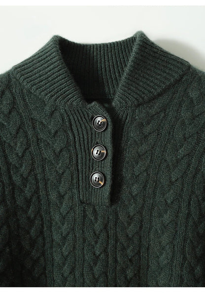 Women's Cable-Knit Cashmere Sweater — Button-Up Stand Collar 19
