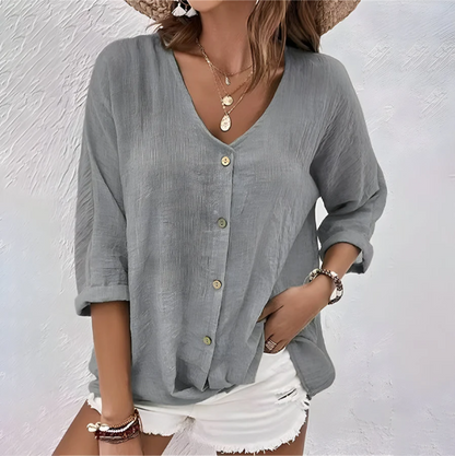 Marcia™ Relaxed Button-Up Blouse with V-Neck & Roll Sleeves 2
