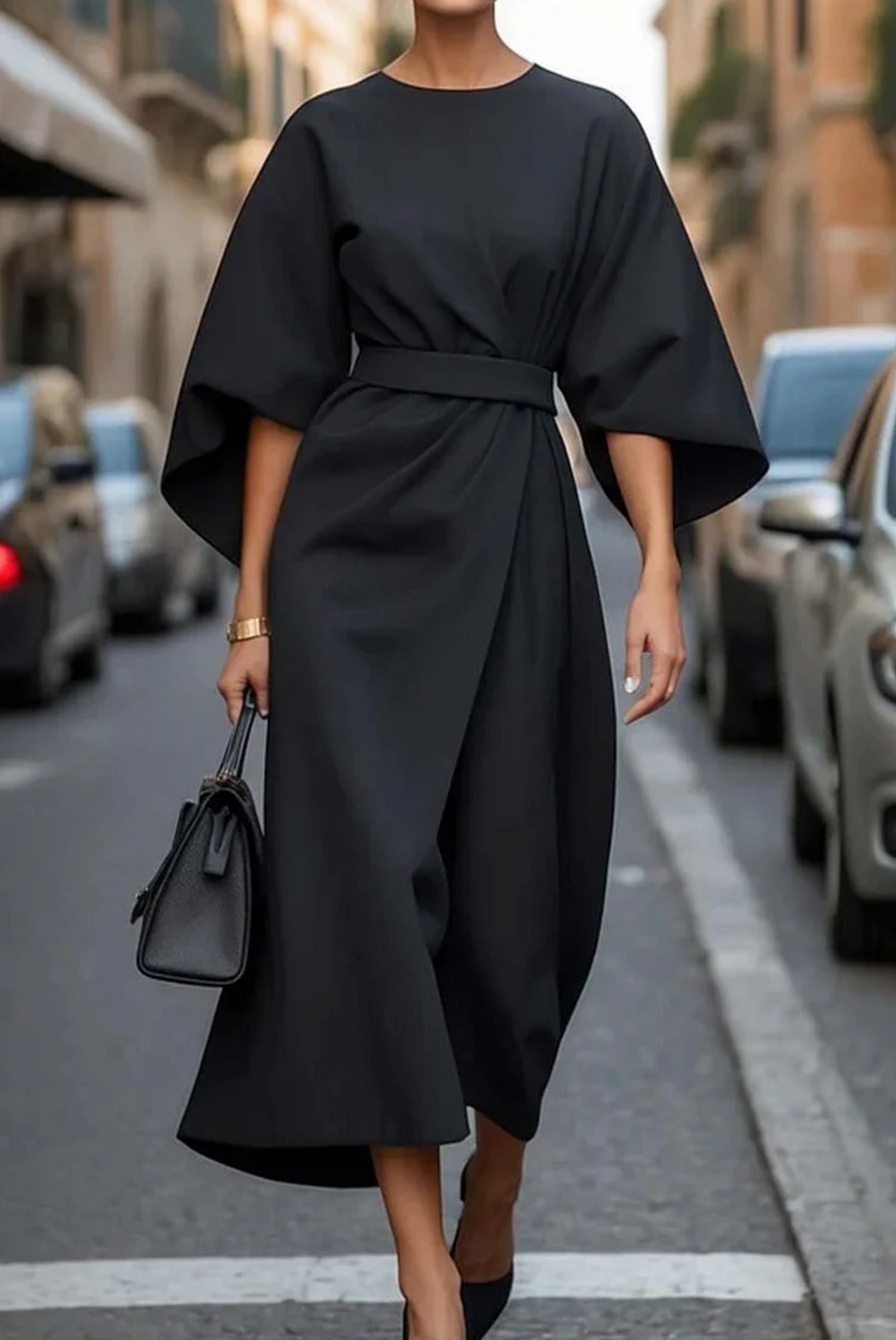 Wide Sleeve Belted Midi Dress — Round Neck Wrap-Style 1