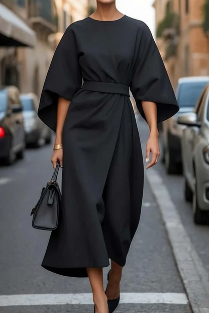 Wide Sleeve Belted Midi Dress — Round Neck Wrap-Style 1