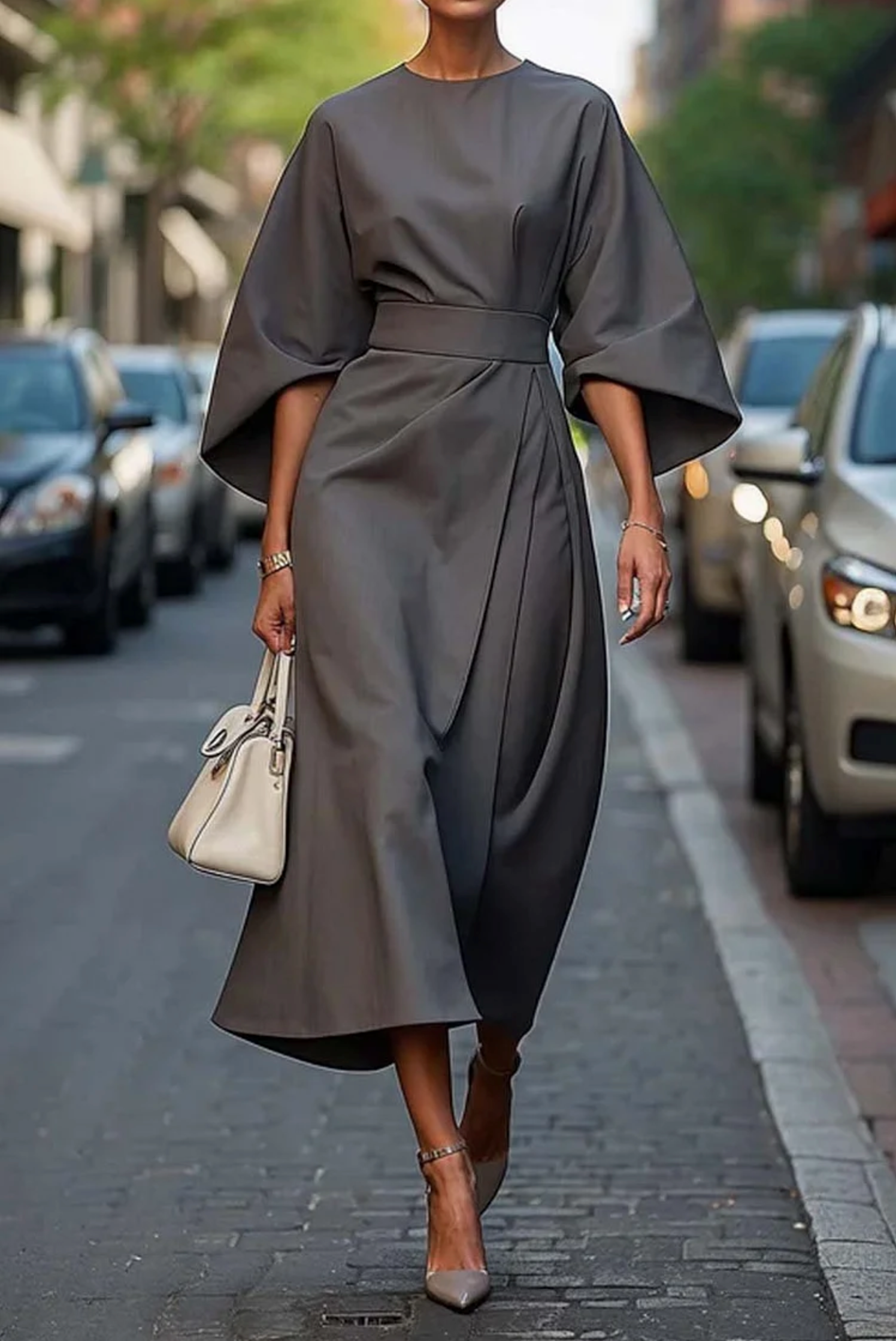 Elegant Lantern Sleeve Dress with Adjustable Waist Bow 6