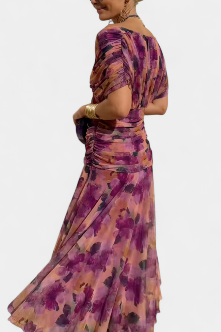 Eryzziah Elegant Floral Maxi Dress with V-Neckline & Pleated Waist 12