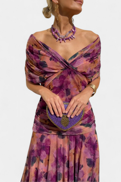 Eryzziah Elegant Floral Maxi Dress with V-Neckline & Pleated Waist 13