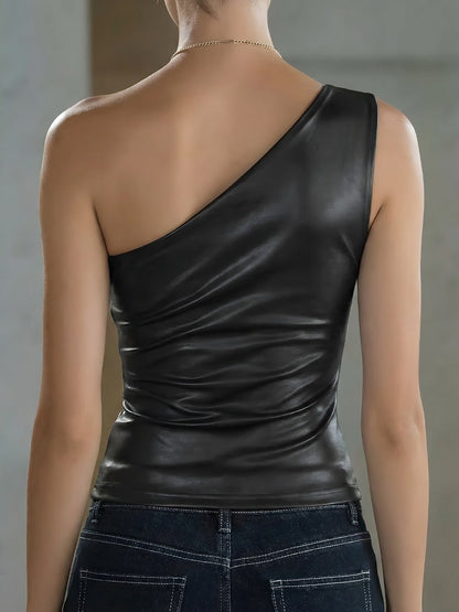 Sculpted Faux Leather Women's Top | One-Shoulder Asymmetrical Design for Confident Going Out Style