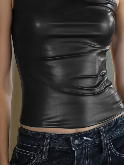 Sculpted Faux Leather Women's Top | One-Shoulder Asymmetrical Design for Confident Going Out Style