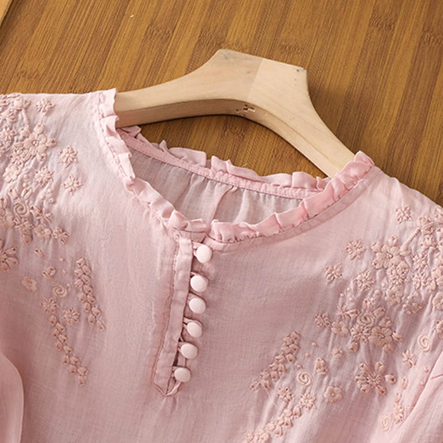 Embroidered Button-Front Blouse with Floral Detail 4