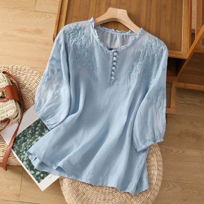 Embroidered Button-Front Blouse with Floral Detail 1