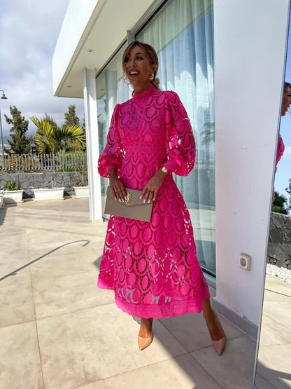 Stella | Women's Summer Midi Dress with Long Sleeves & Decorative Detailing | Elegant Evening Wear for Special Occasions