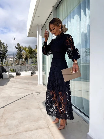 Stella | Women's Summer Midi Dress with Long Sleeves & Decorative Detailing | Elegant Evening Wear for Special Occasions