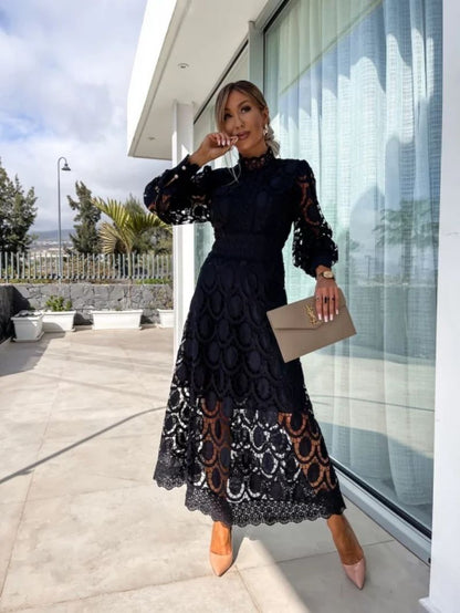 Stella | Women's Summer Midi Dress with Long Sleeves & Decorative Detailing | Elegant Evening Wear for Special Occasions