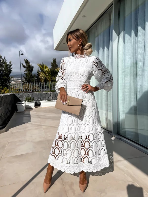 Stella | Women's Summer Midi Dress with Long Sleeves & Decorative Detailing | Elegant Evening Wear for Special Occasions