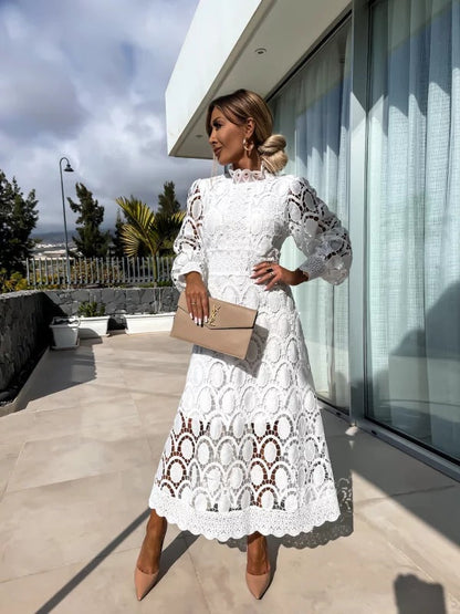 Stella | Women's Summer Midi Dress with Long Sleeves & Decorative Detailing | Elegant Evening Wear for Special Occasions