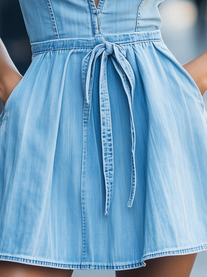 Summer Breeze | Women's Denim Flare Dress with Plunging Neckline | Effortless Style for Warm-Weather Outings