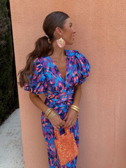 Summer Vibes | Women's Printed Midi Dress with Puff Sleeves | Effortless Style for Warm Weather