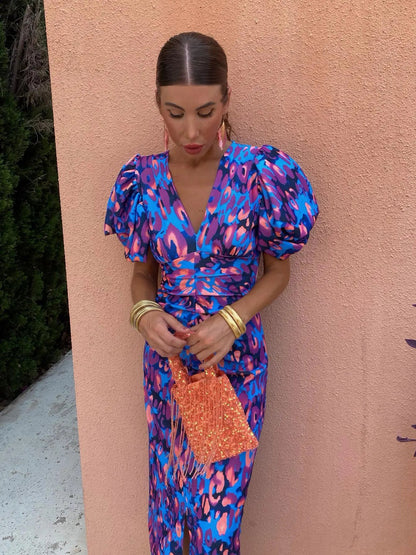 Summer Vibes | Women's Printed Midi Dress with Puff Sleeves | Effortless Style for Warm Weather