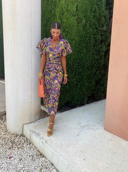 Summer Vibes | Women's Printed Midi Dress with Puff Sleeves | Effortless Style for Warm Weather