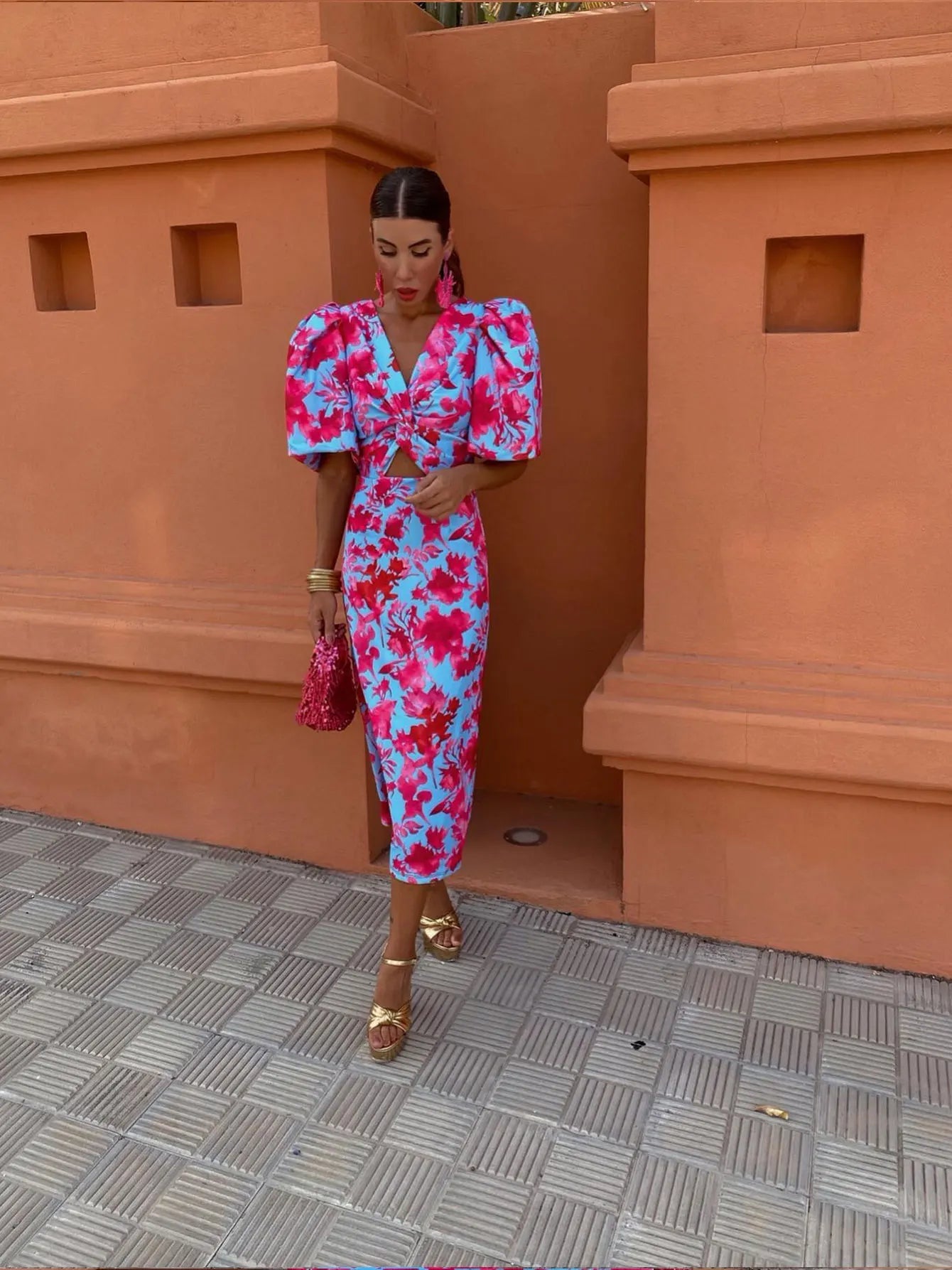Summer Vibes | Women's Printed Midi Dress with Puff Sleeves | Effortless Style for Warm Weather