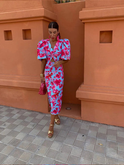 Summer Vibes | Women's Printed Midi Dress with Puff Sleeves | Effortless Style for Warm Weather