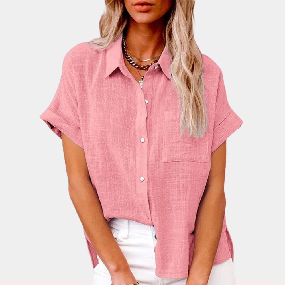 Women's Short Sleeve Button-Down Shirt with Chest Pocket 5