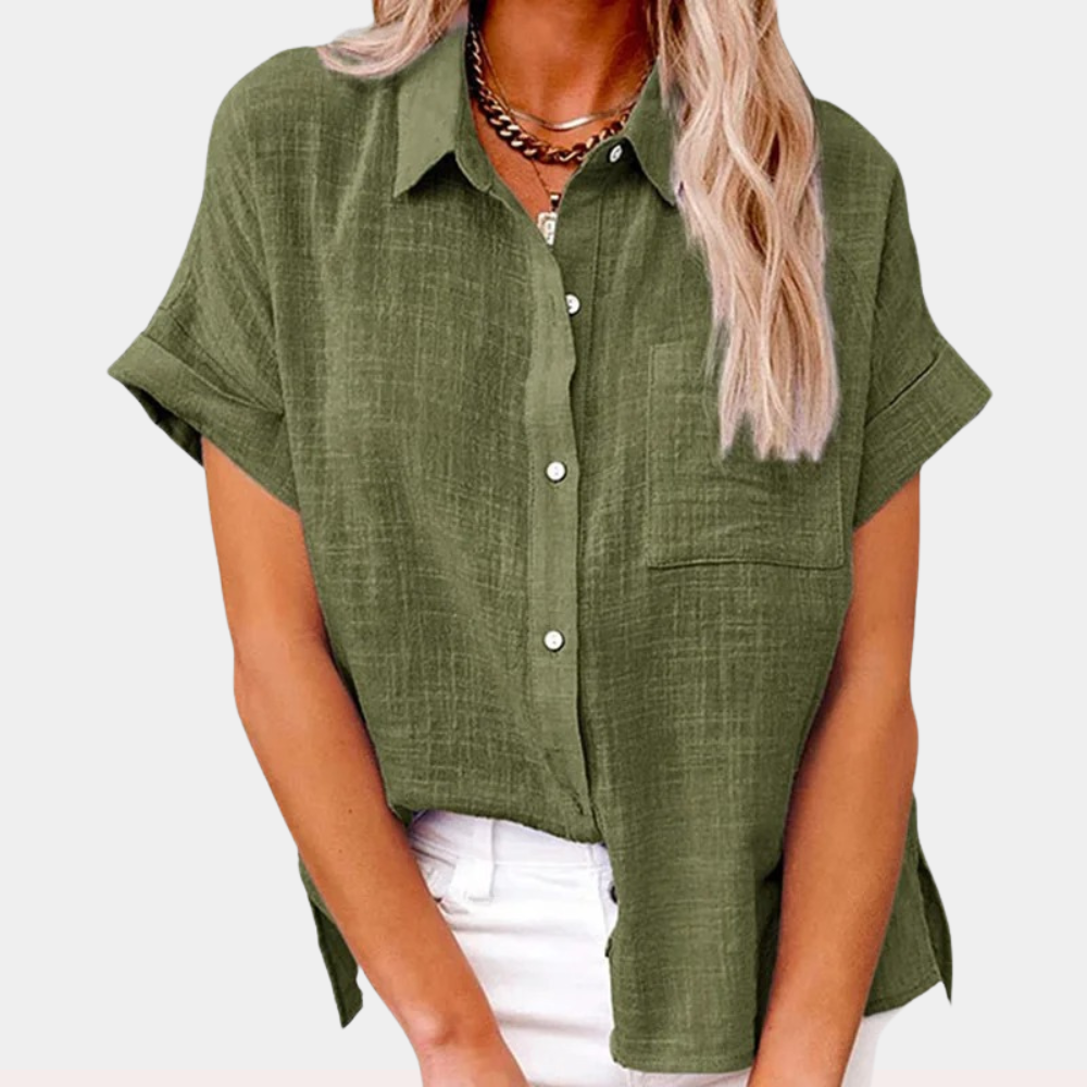 Women's Short Sleeve Button-Down Shirt with Chest Pocket 2