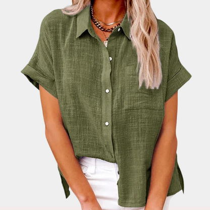Women's Short Sleeve Button-Down Shirt with Chest Pocket 2