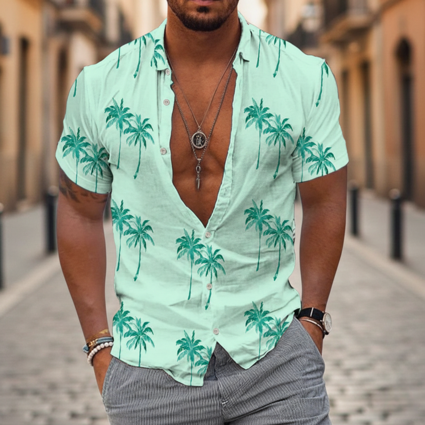 Tropical Vibes | Men's Hawaiian Shirt with Palm Print | Relaxed Fit for Summer Style