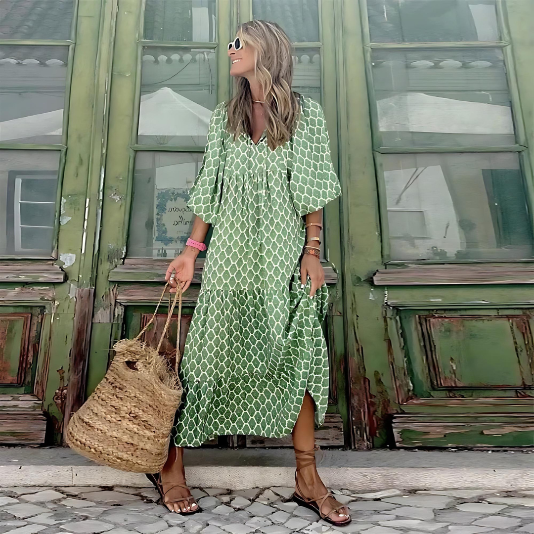 Patterned Maxi Dress Women — Long Sleeve V-Neck with Hem Slit 6