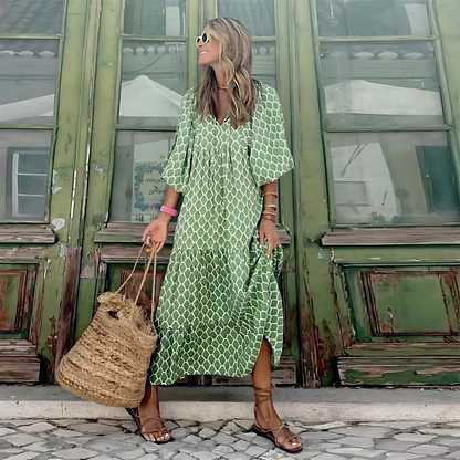 Patterned Maxi Dress Women — Long Sleeve V-Neck with Hem Slit 6