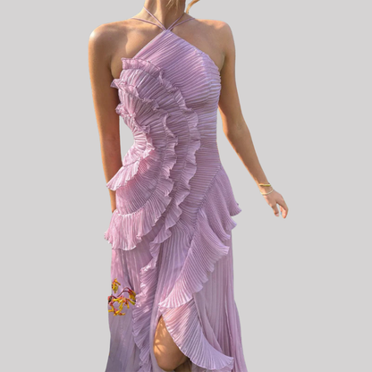 Elegant Summer Maxi Dress with Layered Ruffles & Open Back Design for Wedding Guests