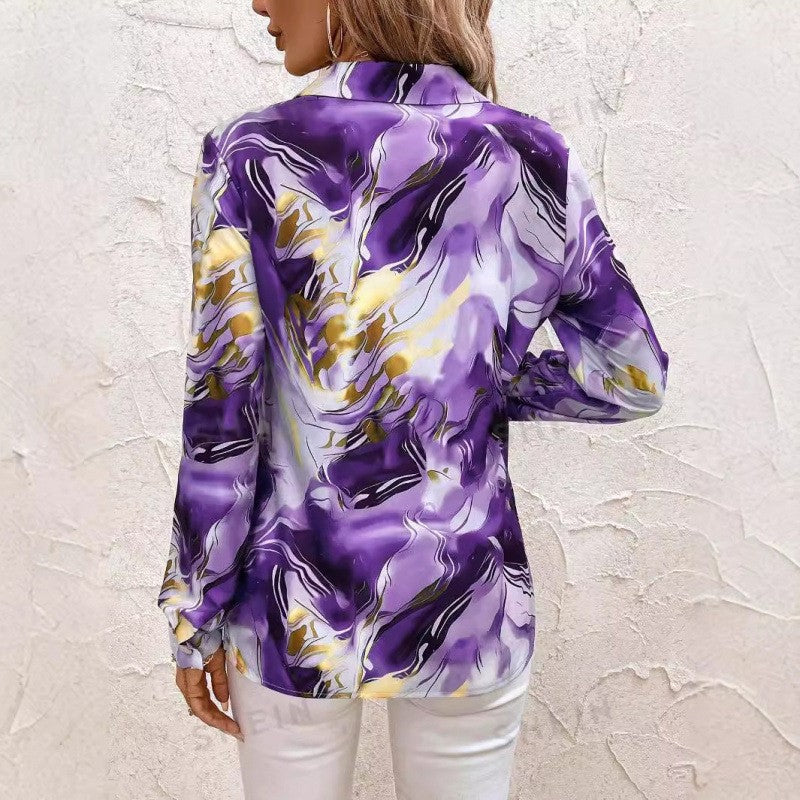 Valentina Rossi | Women's Blouse with Marble Swirl Print | Elegant Button-Up Shirt for Versatile Styling