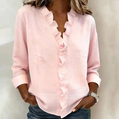 Valentina Rossi | Women's White Blouse with Ruffle Trim & V-Neck Design | Effortless Summer Style