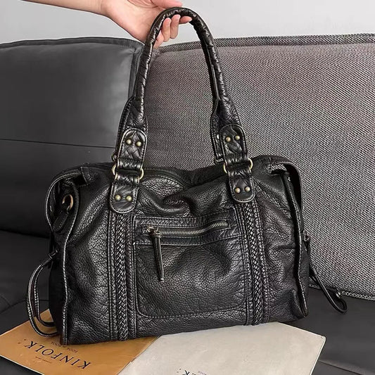 Vintage Chic | Black PU Leather Handbag with Multiple Pockets | Stylish Accessory for School and Work