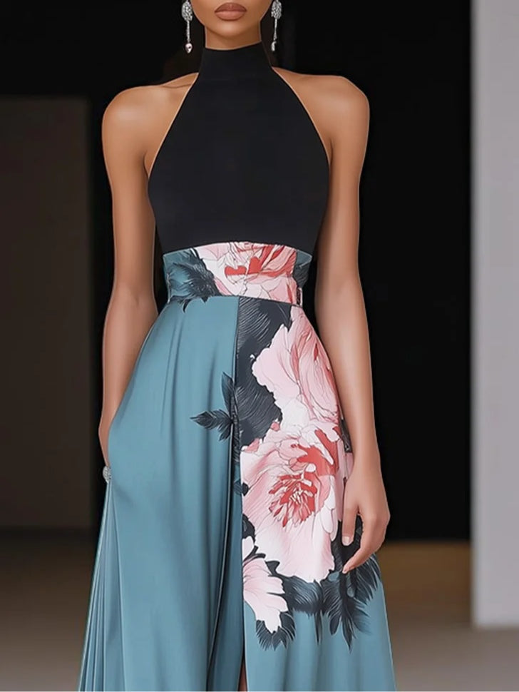 Sleeveless Floral Slit Maxi Dress — A-Line Crew Neck 2