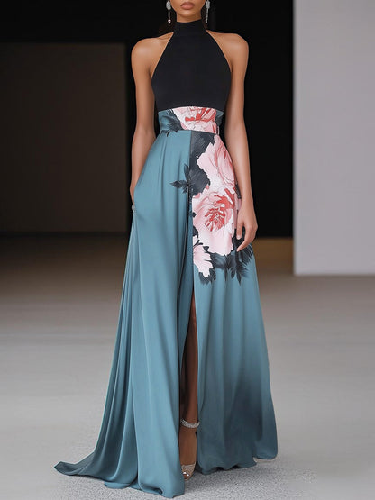 Sleeveless Floral Slit Maxi Dress — A-Line Crew Neck 1