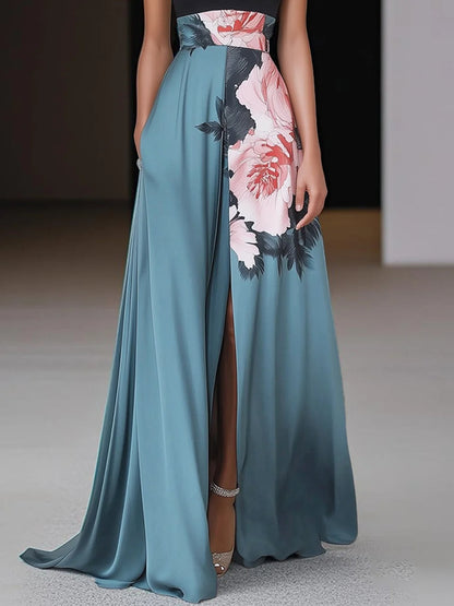 Sleeveless Floral Slit Maxi Dress — A-Line Crew Neck 3