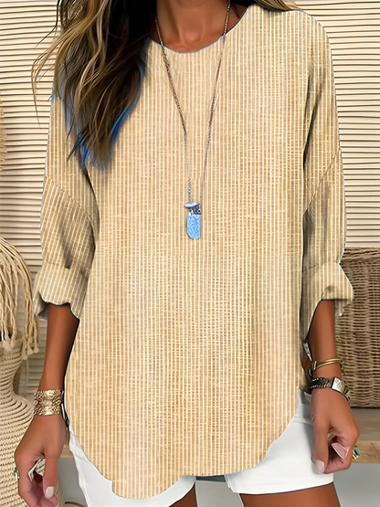 Women's Long Sleeve Blouse — Vertical Stripe Round Neck 2