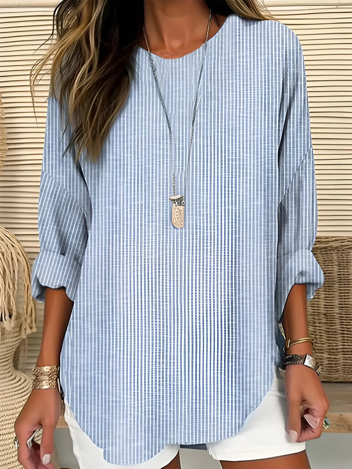 Women's Long Sleeve Blouse — Vertical Stripe Round Neck 1