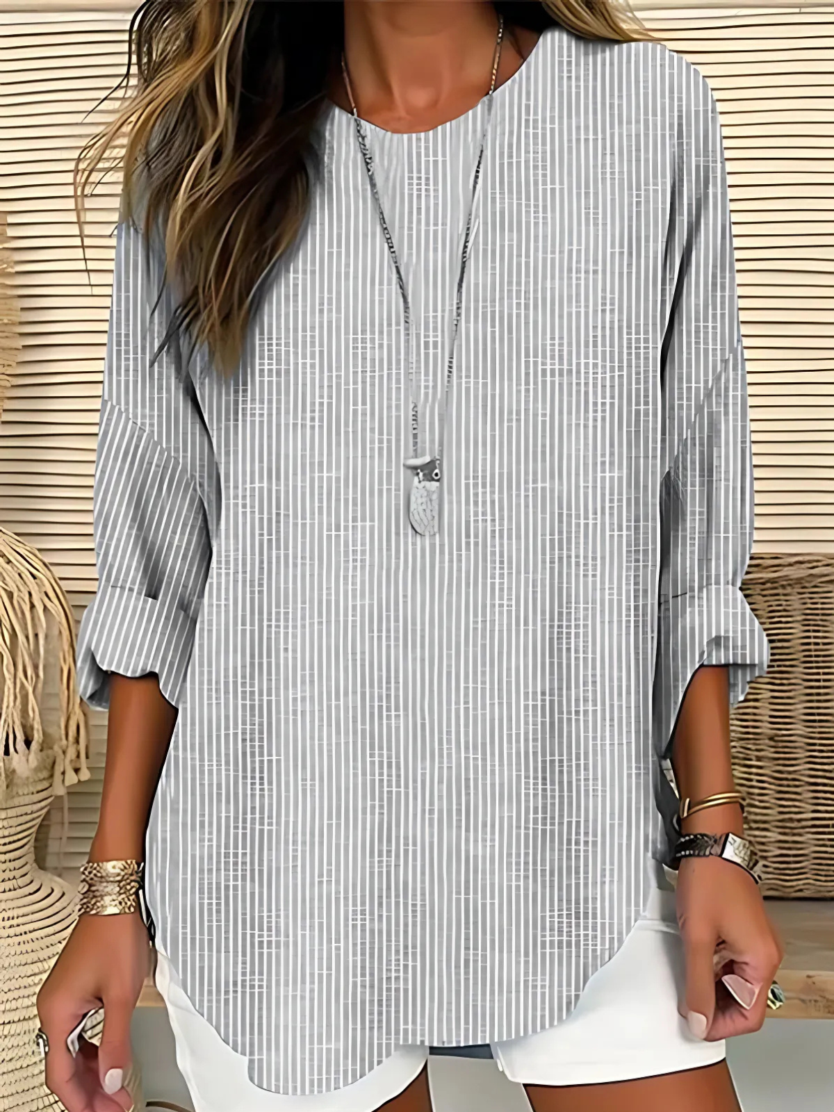 Women's Long Sleeve Blouse — Vertical Stripe Round Neck 3