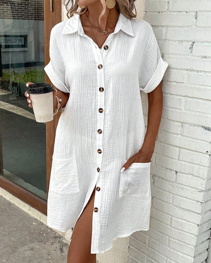 Collared Mini Shirt Dress with Button Front & Pockets 6