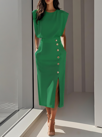 Effortless Charm Midi Dress — Round Neckline & Button Slit Detail 4