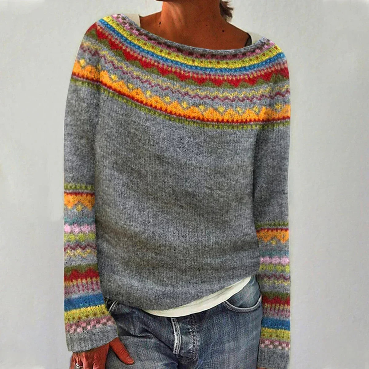 Women's Nordic Knit Sweater — Relaxed Fit Boat Neckline 1