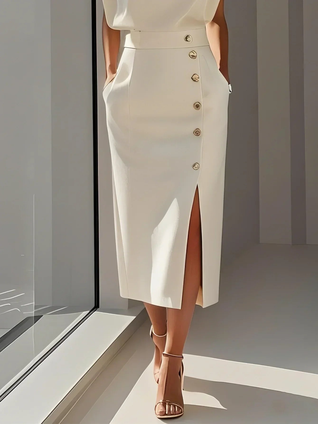 Effortless Charm Midi Dress — Round Neckline & Button Slit Detail 11