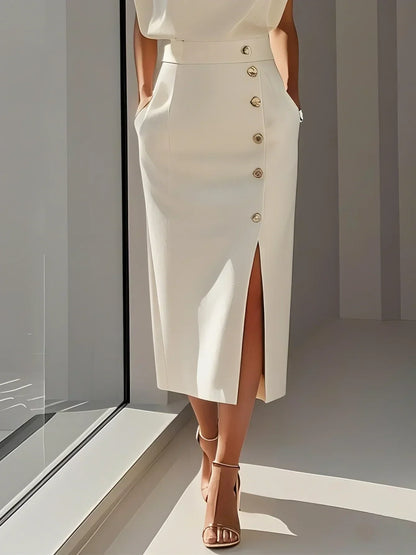 Sleeveless Midi Dress with Side Button Detail & Front Slit 11